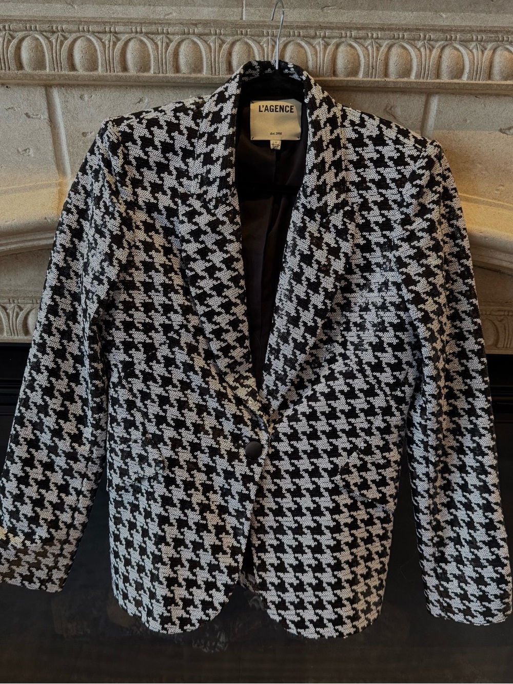 L'AGENCE Black and White Houndstooth Single-Button Blazer
